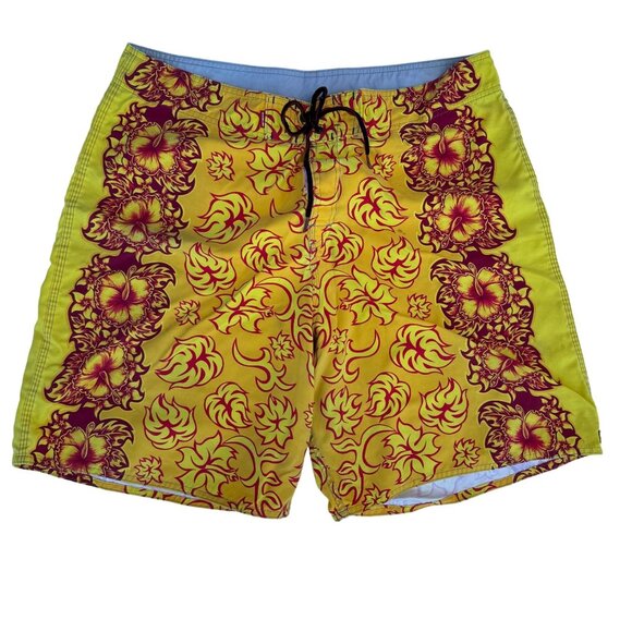 Quiksilver Sz 38 Hawaiian Swim Board Shorts Hibiscus Floral Yellow Orange - Picture 1 of 16